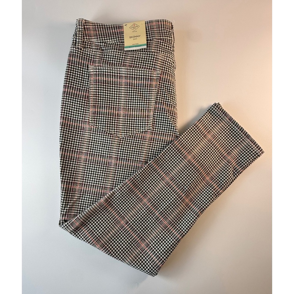 St. John's Bay Skinny Jeans 16P Petite Plaid Mid Rise Cotton Stretch Black Red